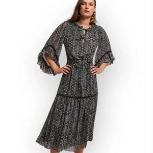 MISA LA Marcele Bell Sleeve Printed Bohemian Midi Dress Black Blue Small